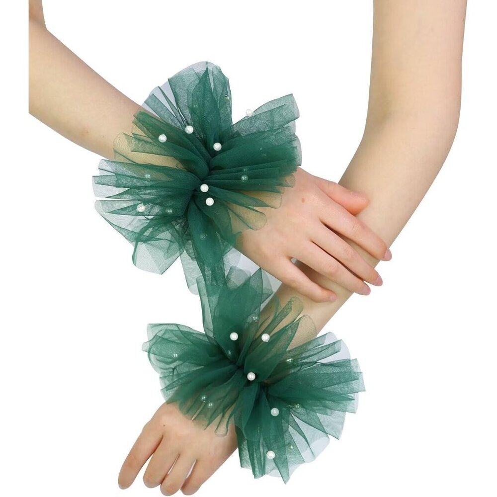 Women's Dark Green Short Mesh Tulle Pearl Lace Arm Sleeves Gloves Wedding Party
